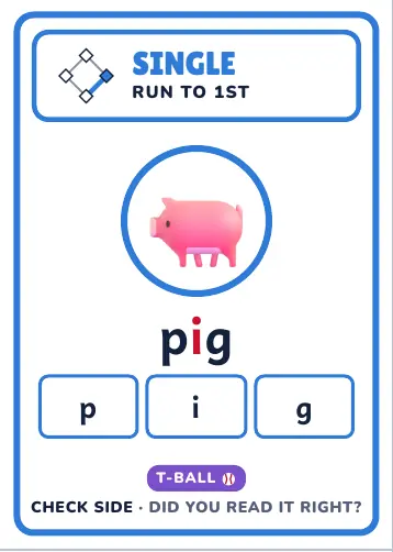 Run It Home Words word card for pig, check side with sound boxes