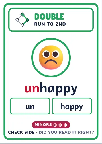 Run It Home Words word card for unhappy, check side with sound boxes