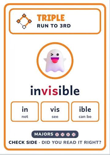 Run It Home Words word card for invisible, check side with sound boxes