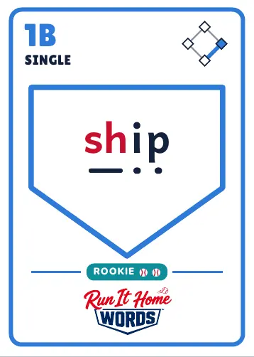 Run It Home Words printable baseball reading board game, word card for ship