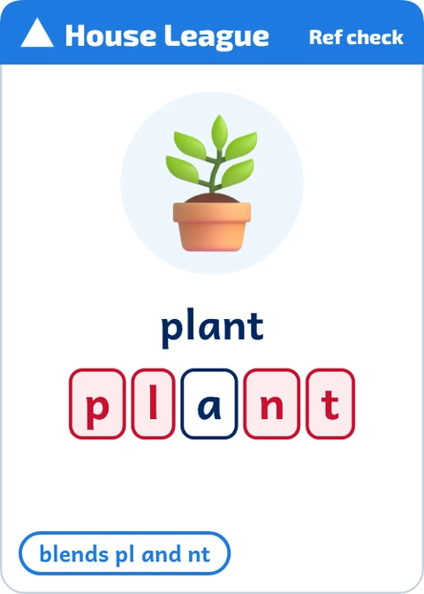 Stick Tap Words word card for plant, check side with sound boxes