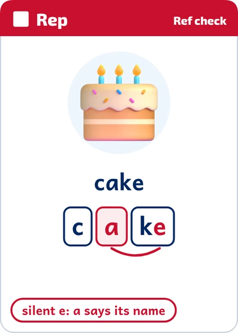 Stick Tap Words Rep phonics word card for cake, Ref check side