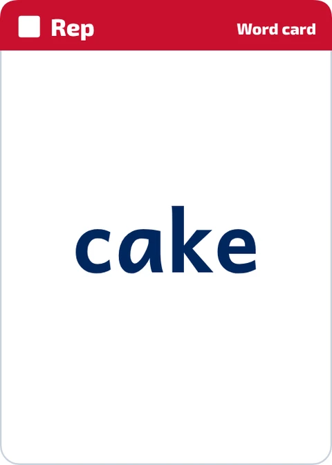 Stick Tap Words Rep phonics word card for cake, word side