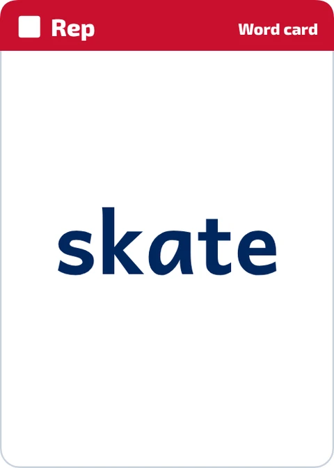 Stick Tap Words Rep phonics word card for skate, word side